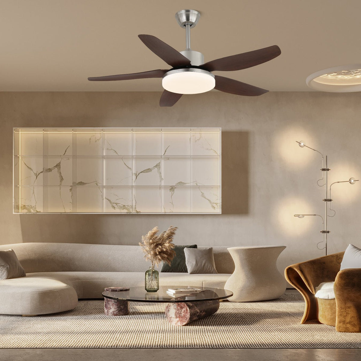 Plafonnier Ventilateur Noyer & Nickel 122 cm