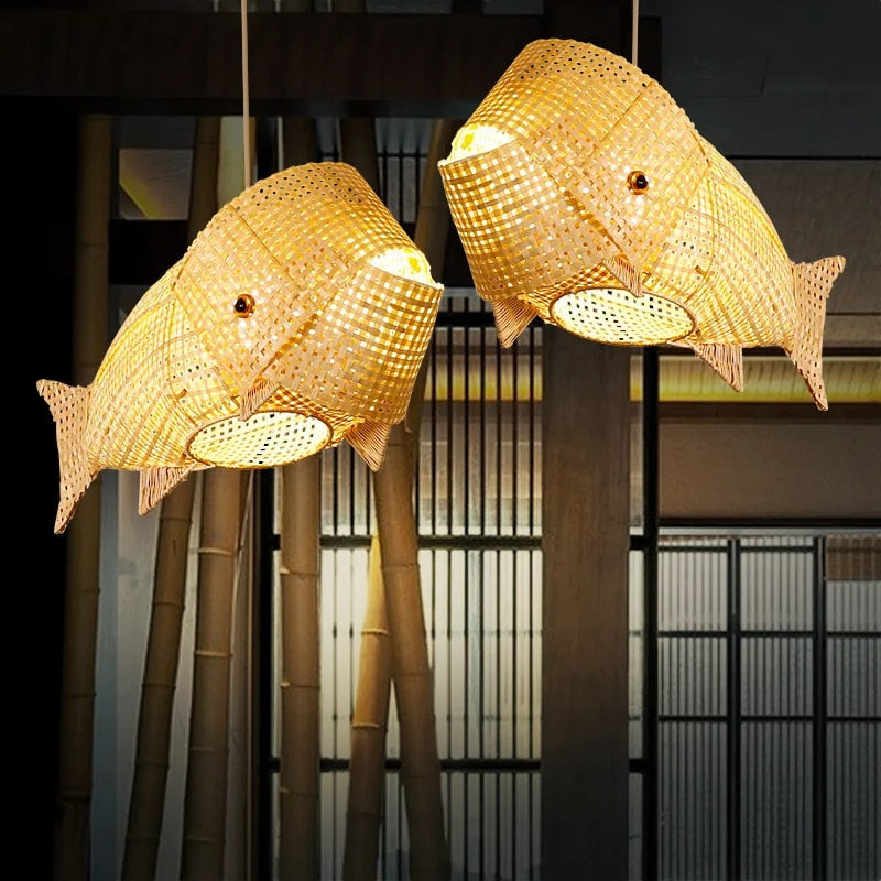 Plafonnier Poisson en Rotin