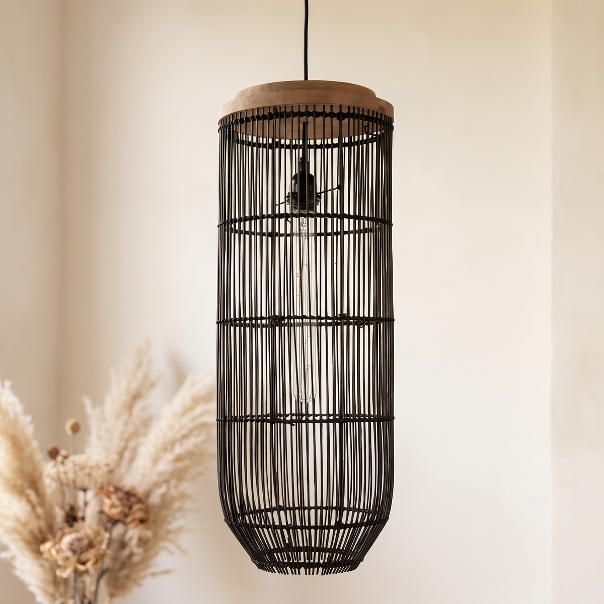 Suspension Lanterne Verticale Rotin Noir