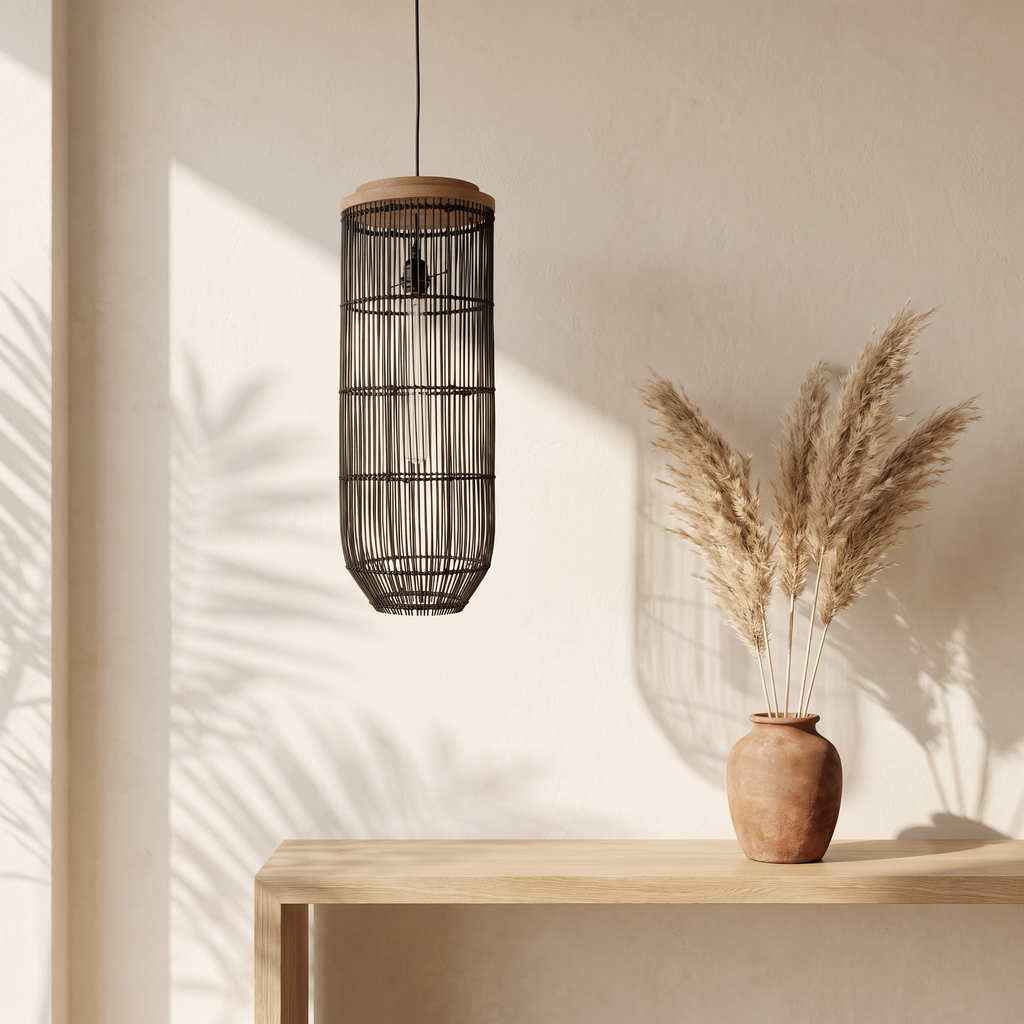 Suspension Lanterne Verticale Rotin Noir