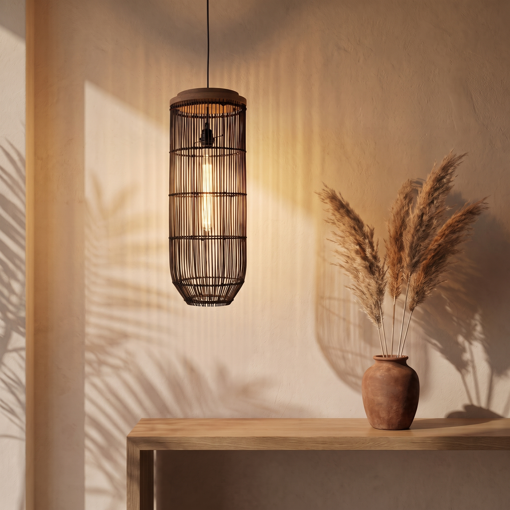 Suspension Lanterne Verticale Rotin Noir