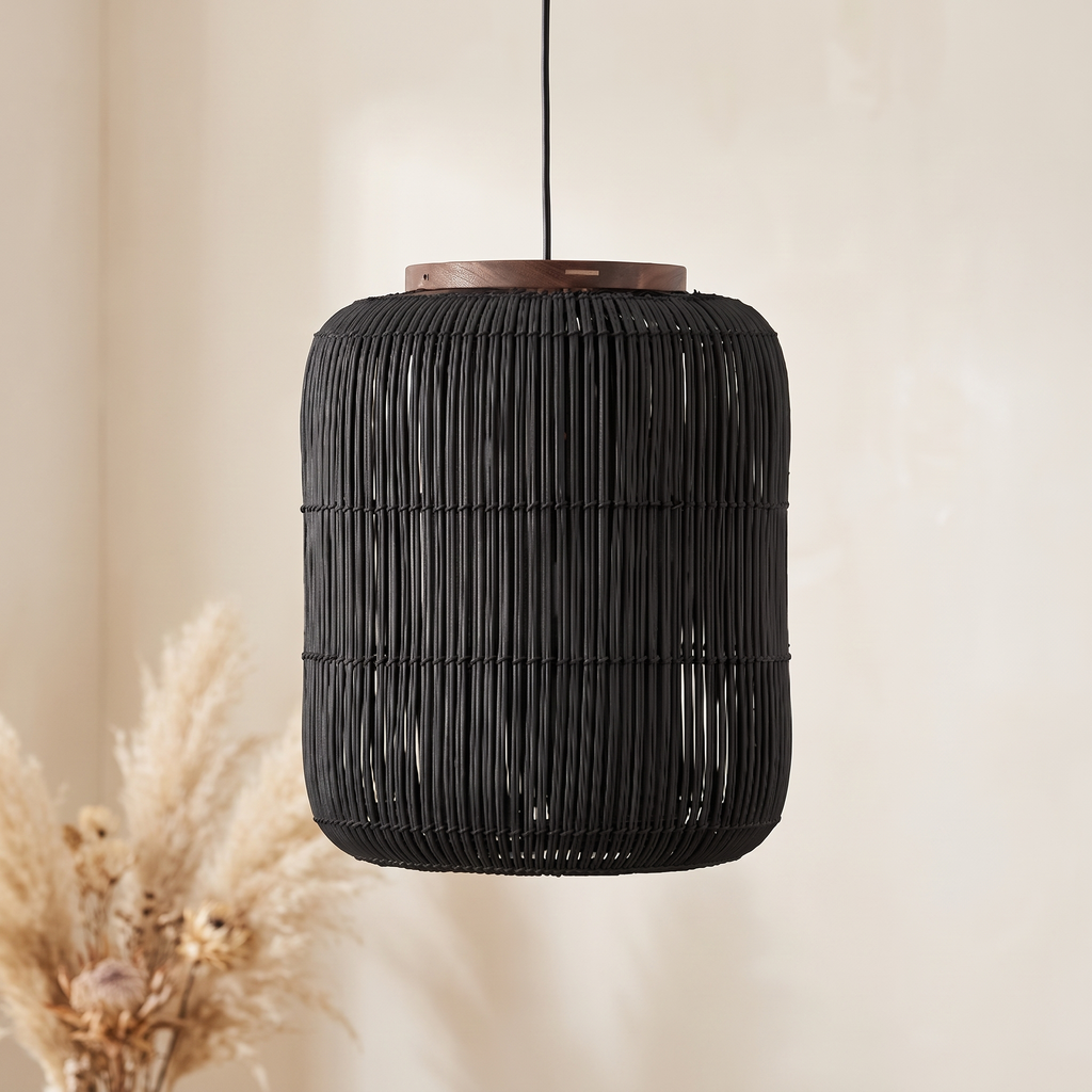 Suspension Design Japandi Cylindrique Rotin Noir