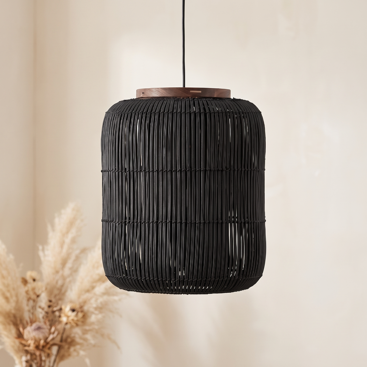 Suspension Design Japandi Cylindrique Rotin Noir