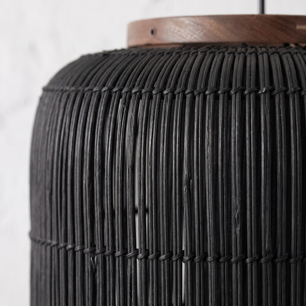 Suspension Design Japandi Cylindrique Rotin Noir