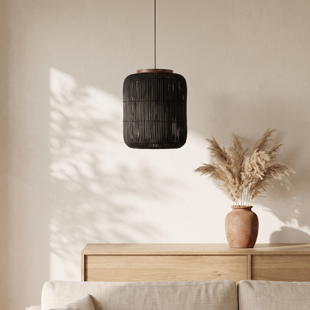 Suspension Design Japandi Cylindrique Rotin Noir