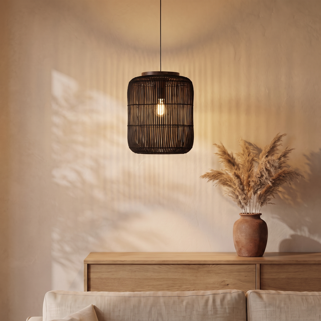 Suspension Design Japandi Cylindrique Rotin Noir