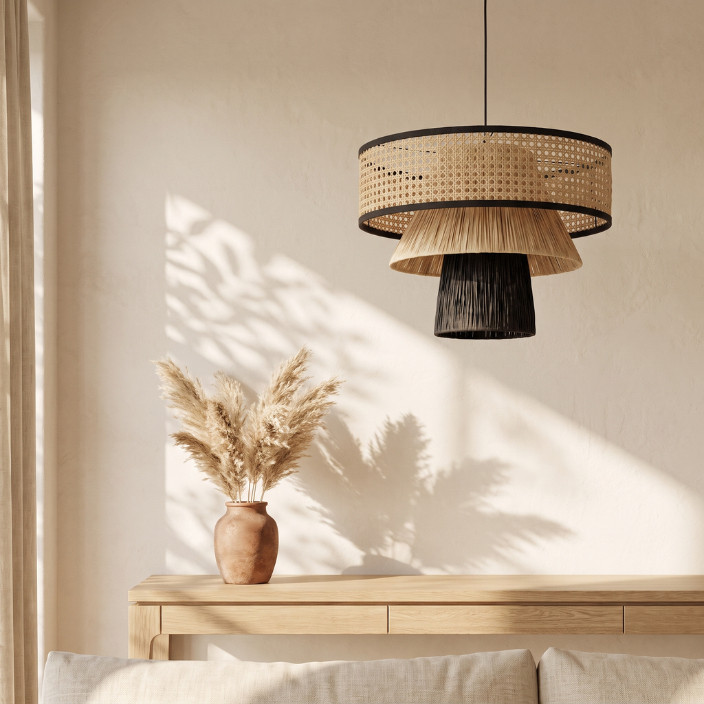 Grande Suspension Champignon Architecturale Rotin Noir