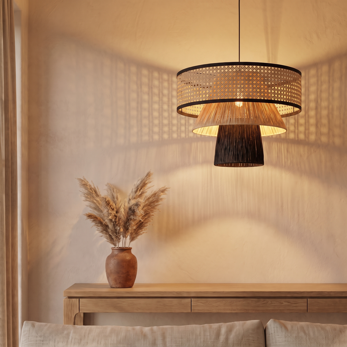 Grande Suspension Champignon Architecturale Rotin Noir