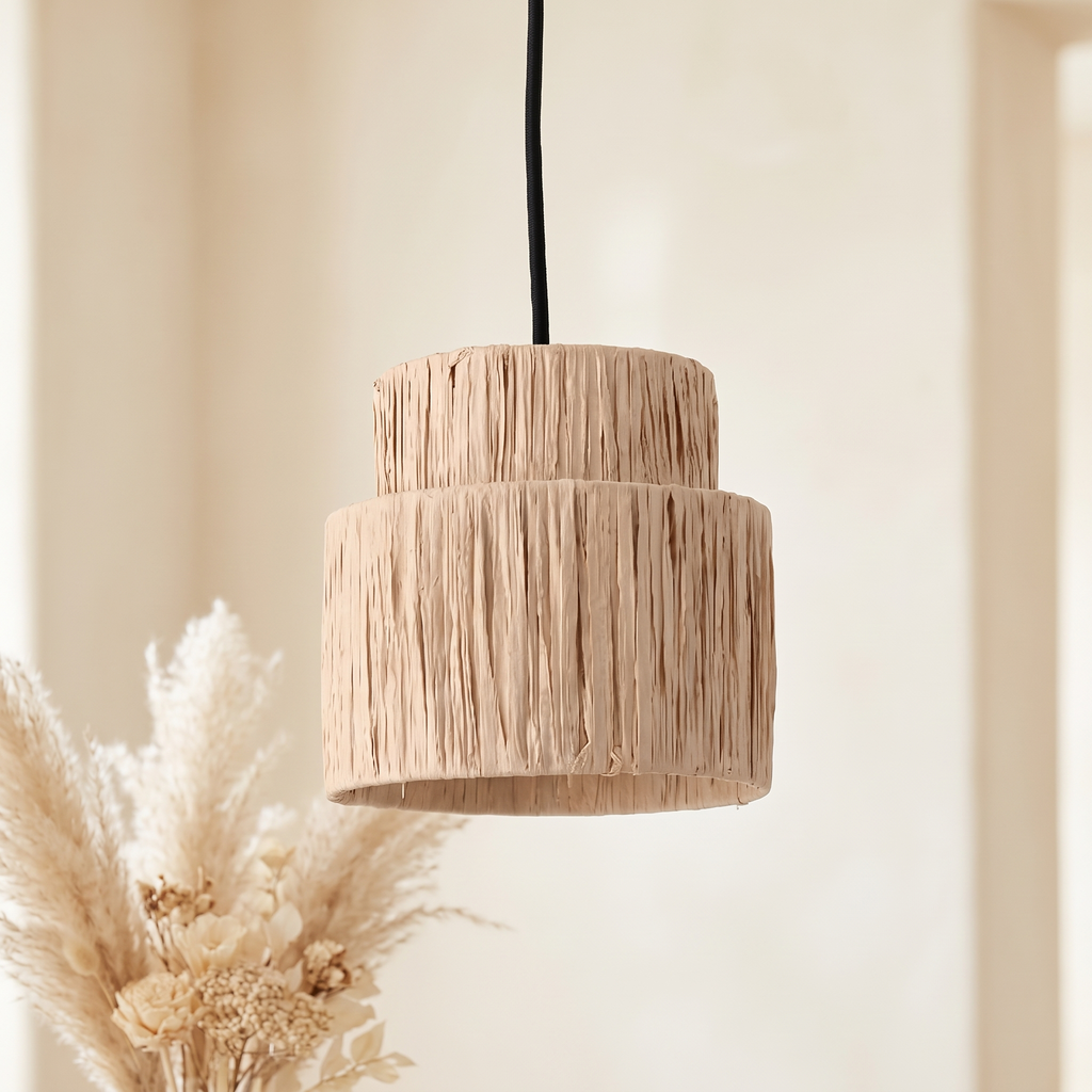 Suspension Frangé Tambour Double Niveau Rotin