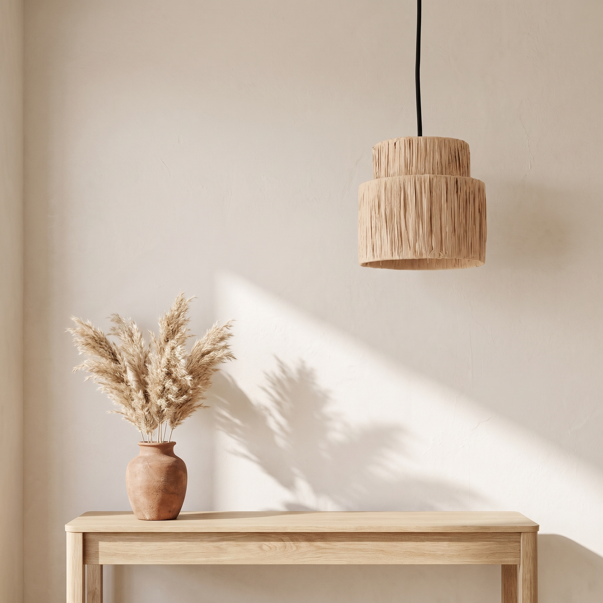 Suspension Frangé Tambour Double Niveau Rotin