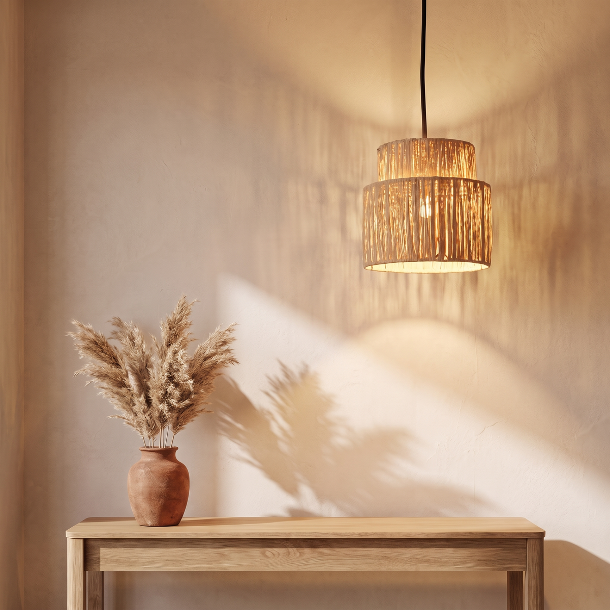 Suspension Frangé Tambour Double Niveau Rotin