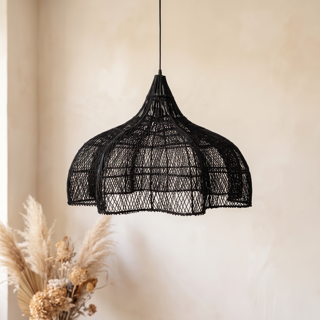 Suspension Tulipe Rotin Noir