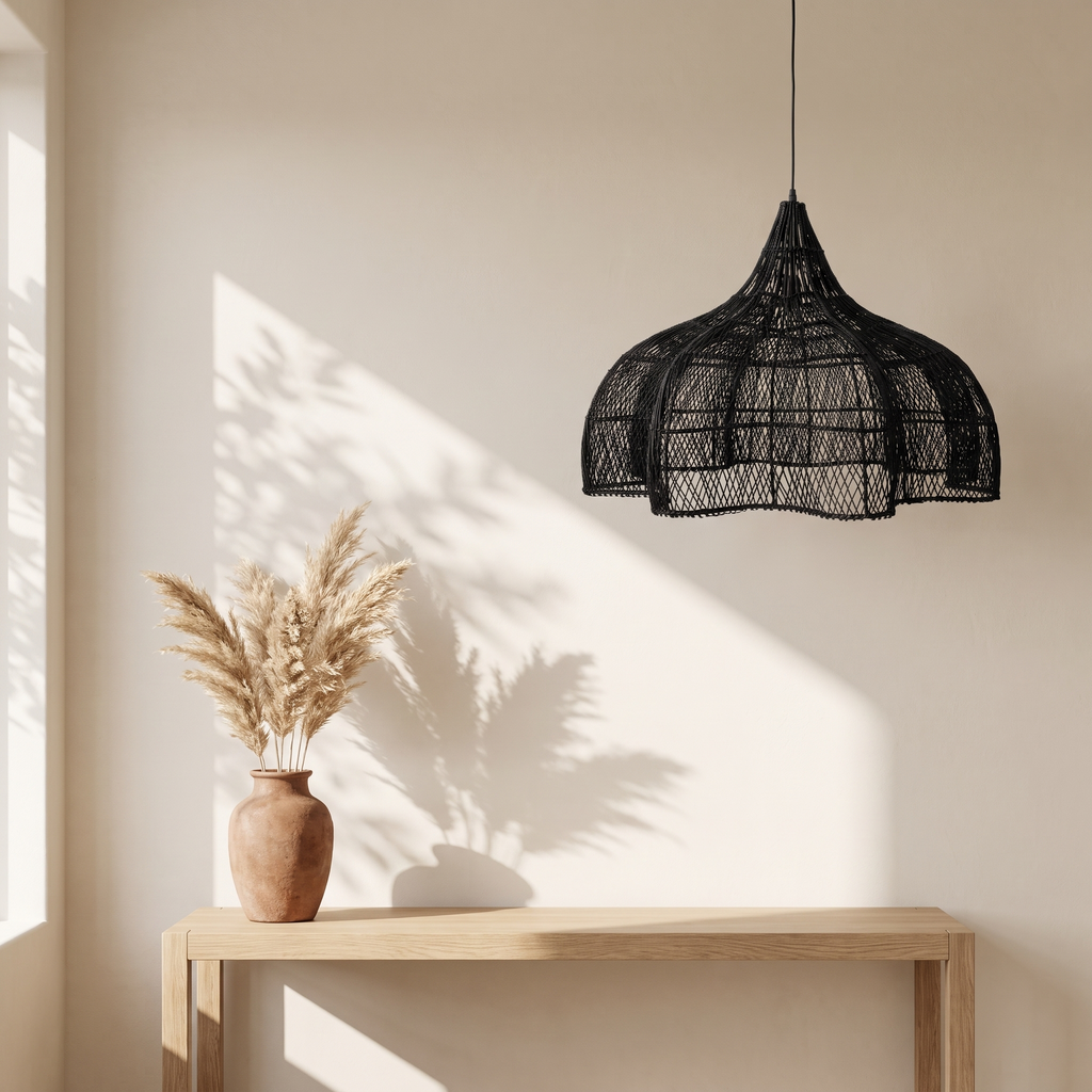 Suspension Tulipe Rotin Noir
