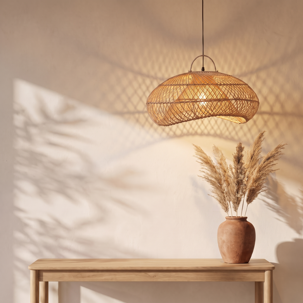 Suspension Organique Design Rotin Doré