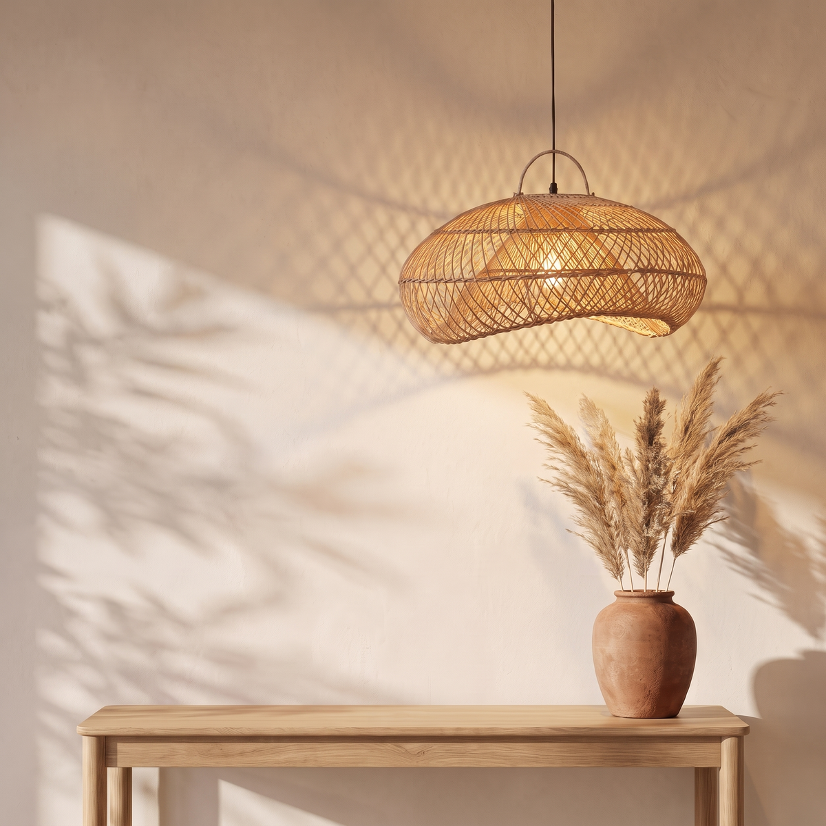 Suspension Organique Design Rotin Doré
