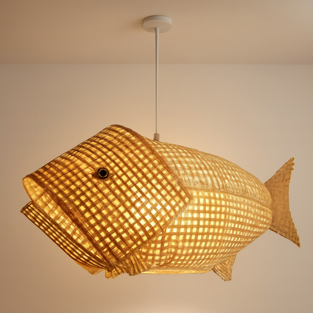 Plafonnier Poisson en Rotin