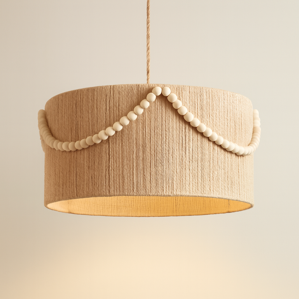 Suspension Tambour en Chanvre et Perles de Bois