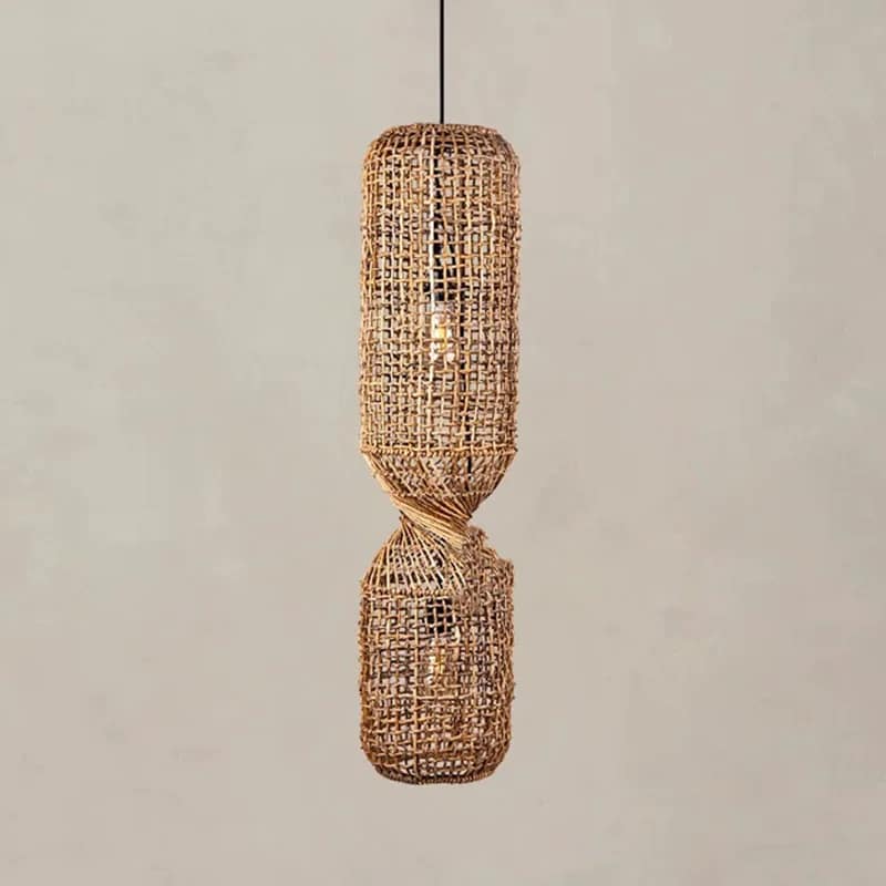 Suspension Rotin Wabi-Sabi Double Cylindre Tressé