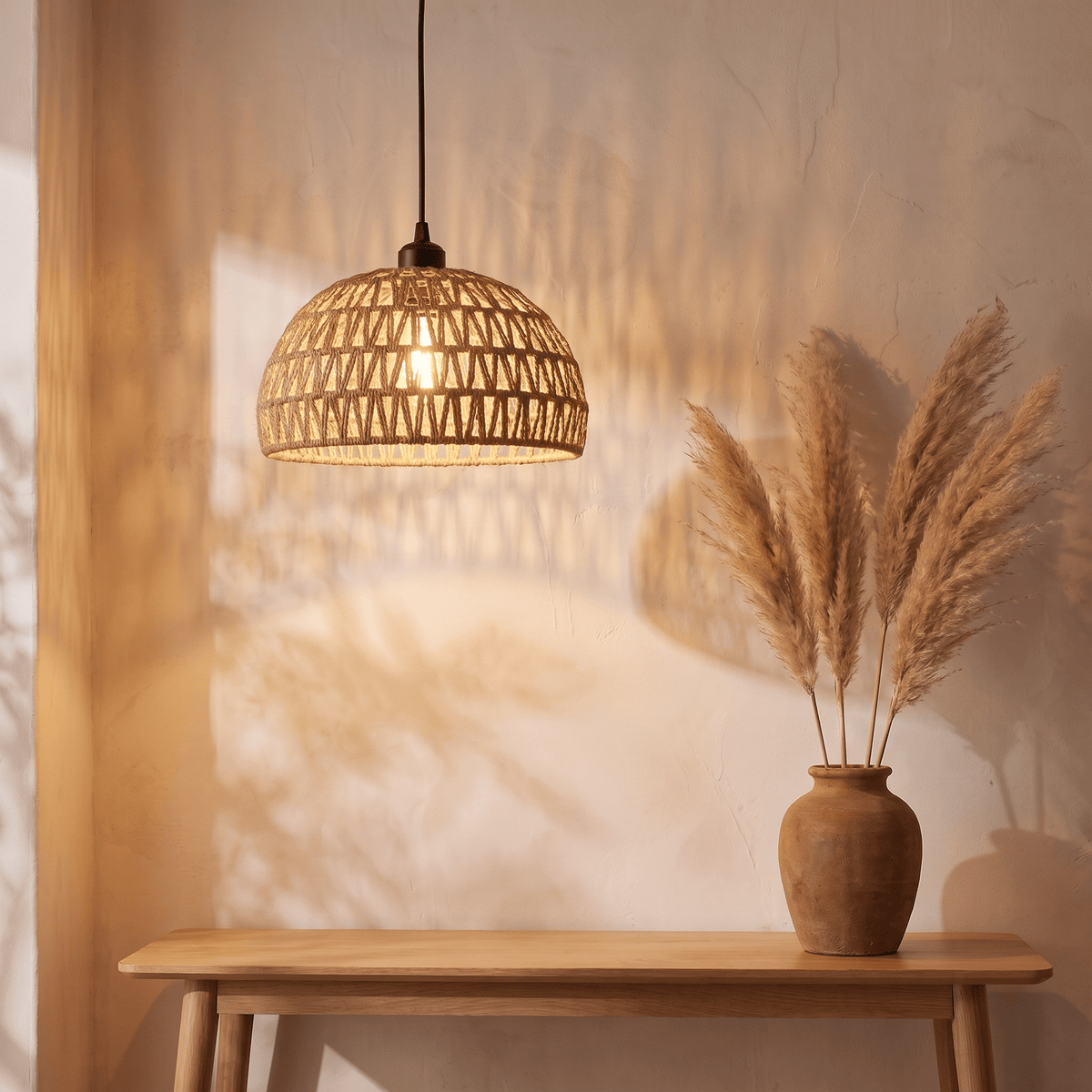 Suspension Demi-Sphère Ajourée Rotin Beige