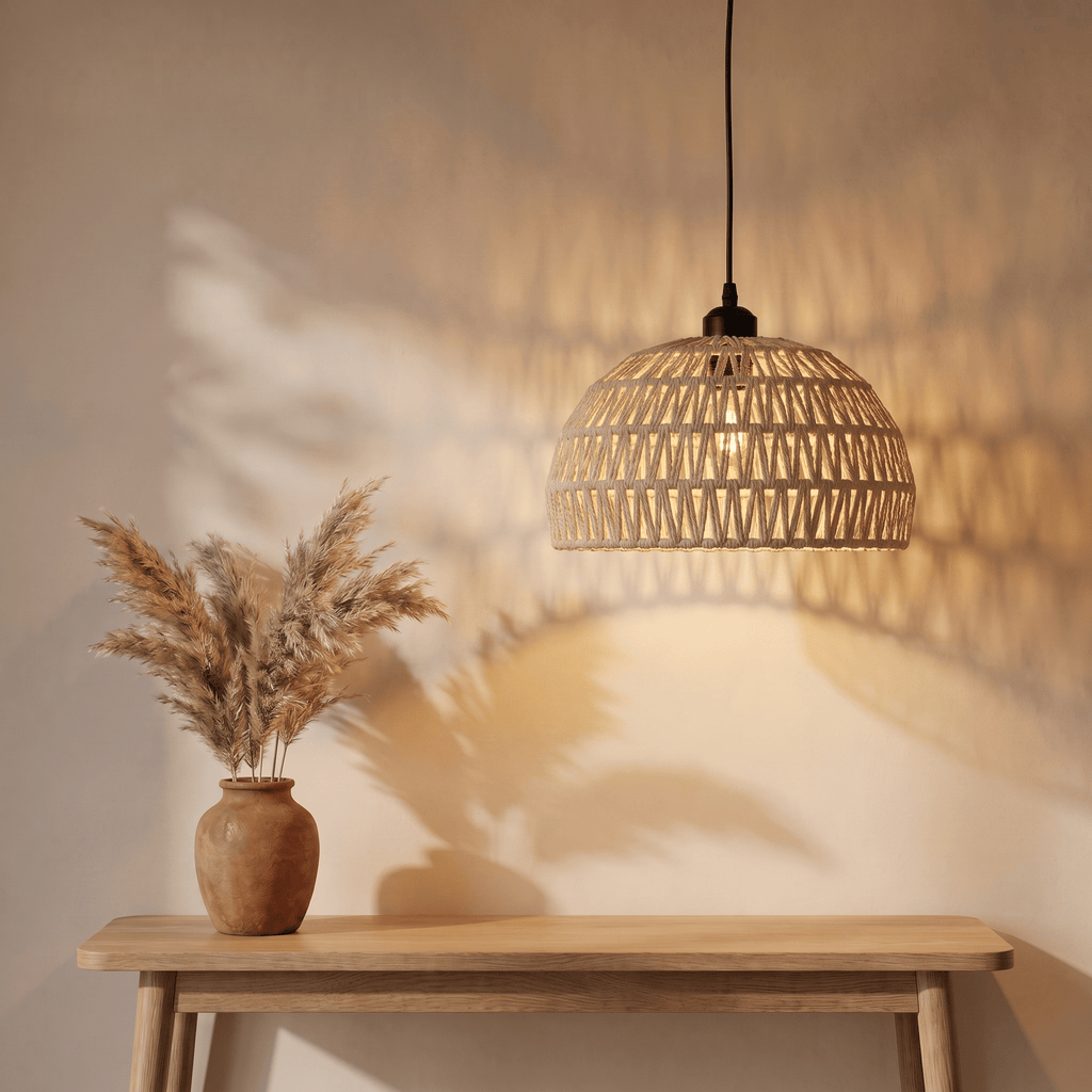 Suspension Demi-Sphère Ajourée Rotin Blanc