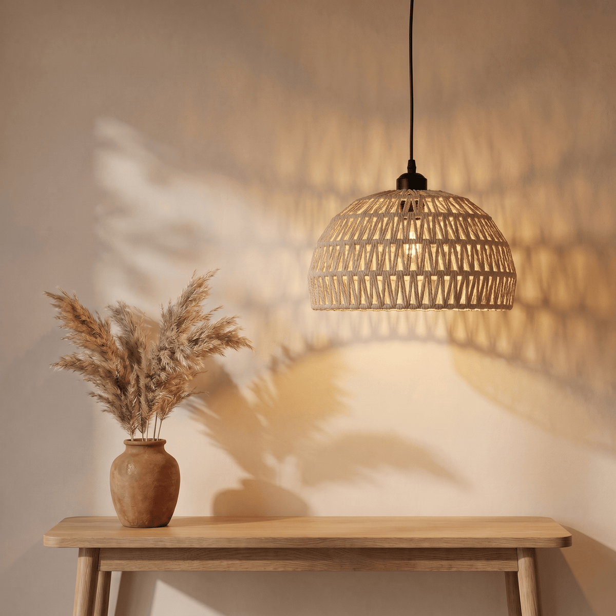 Suspension Demi-Sphère Ajourée Rotin Blanc