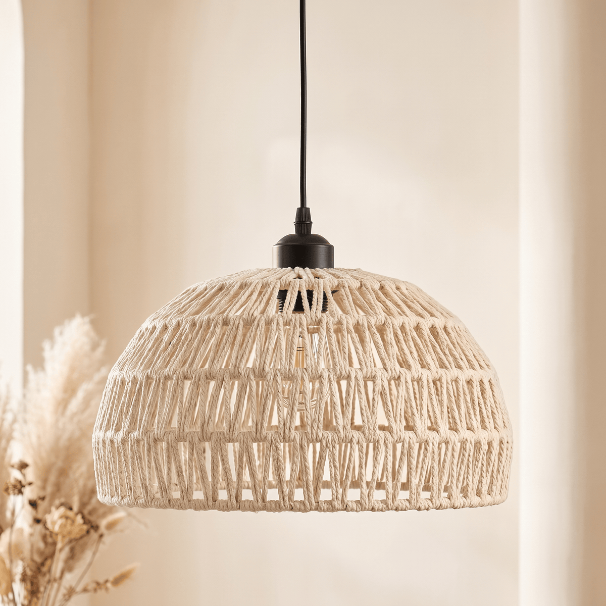 Suspension Demi-Sphère Ajourée Rotin Blanc